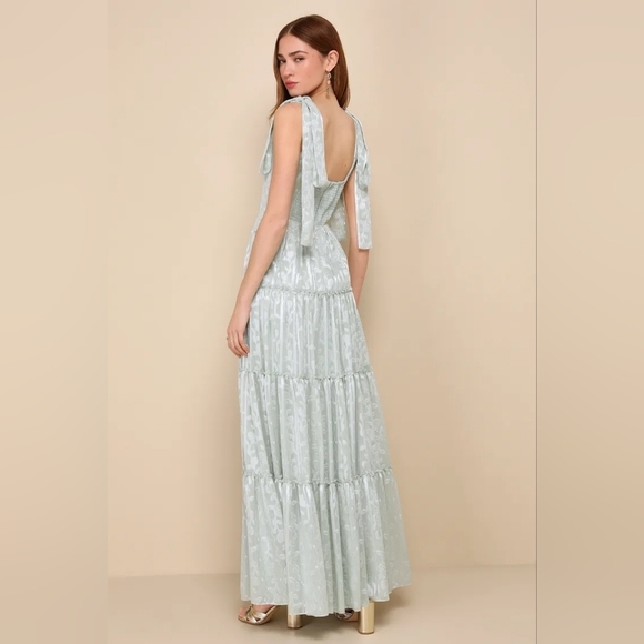 Lulus Picturesque Allure Sage Green Jacquard Tie-Strap Maxi Dress Wedding Party - Picture 5 of 9